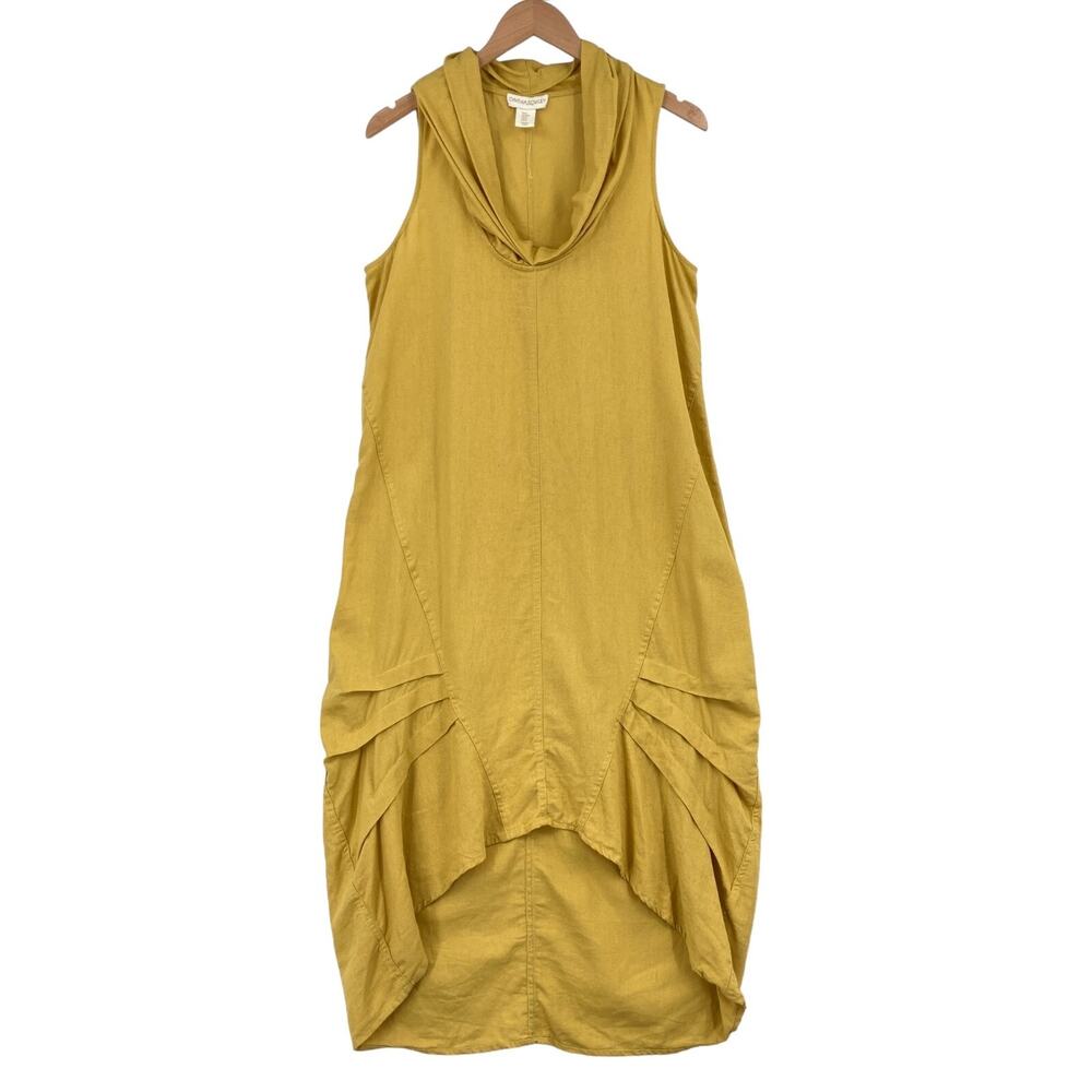 Cynthia Rowley Maxi Dress Womens M Yellow Linen Sleeveless Cowl Neck High Low
